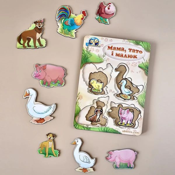 Родина домашні тварини (півень, гусак, собака, свиня). Багатошаровий вкладиш, сортер, більше менше 56 фото